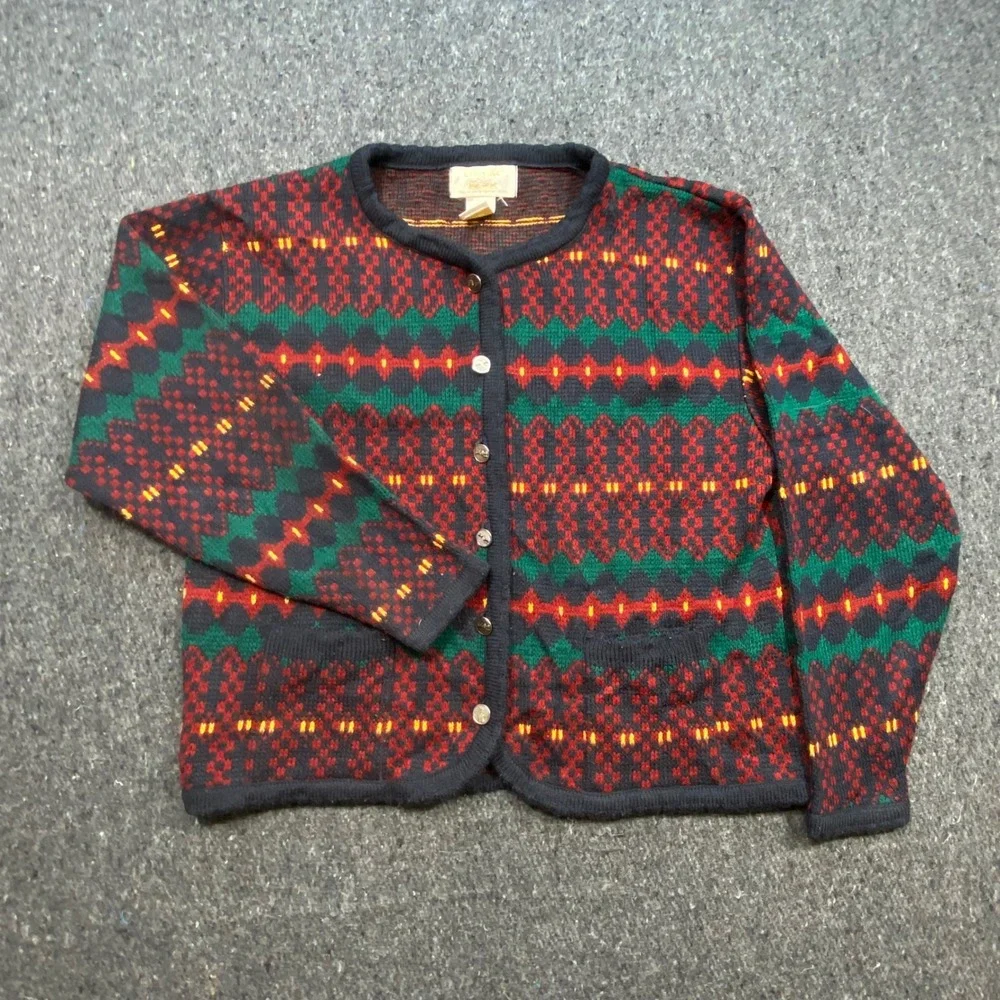 Tally-Ho Vintage Grandmacore Womens PM Fair Isle Geometric Knit Cardigan Sweater